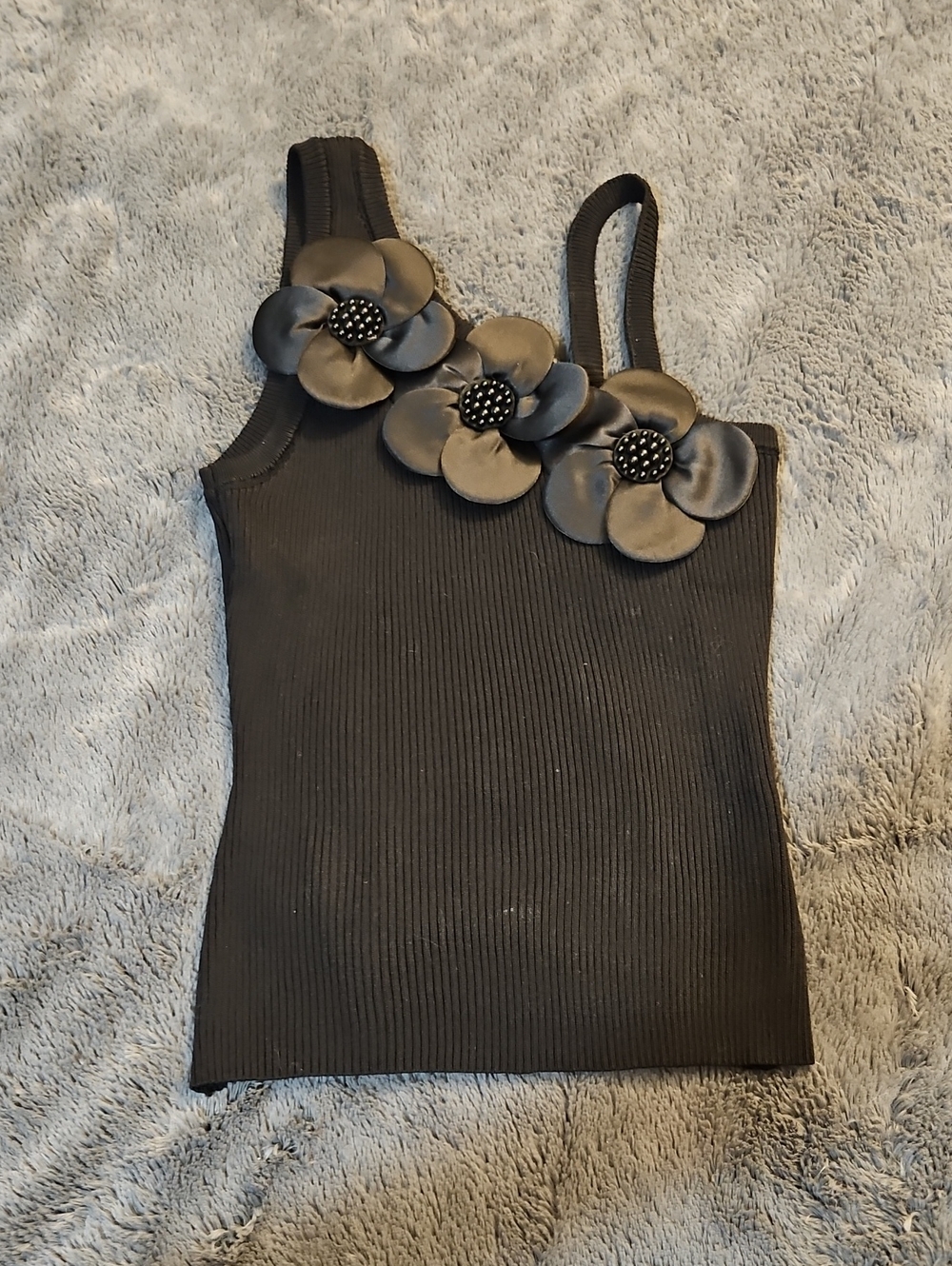 Black Ribbed One-Shoulder Tank with Floral Accents